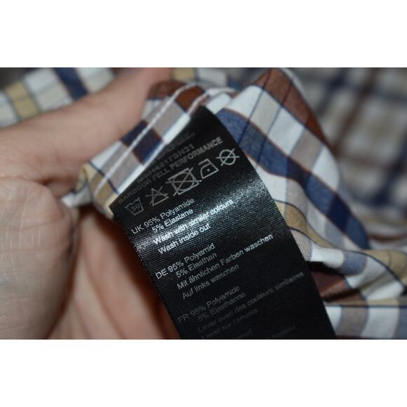 Barbour Performance Dress Shirt Mens Size Medium Stretch Blue Brown Plaid - Picture 6 of 8